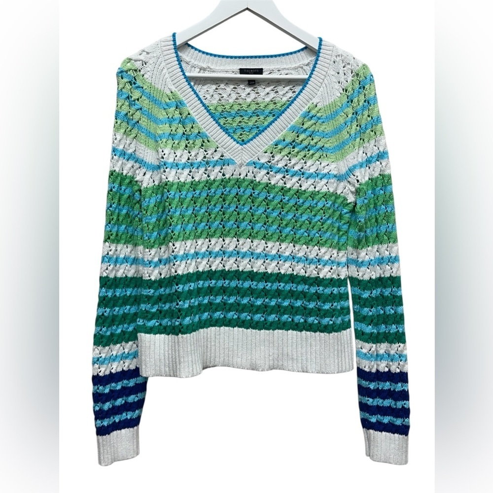 Talbots Womens Petite Size M Open Knit Sweater V-neck Colorful Festival Layer